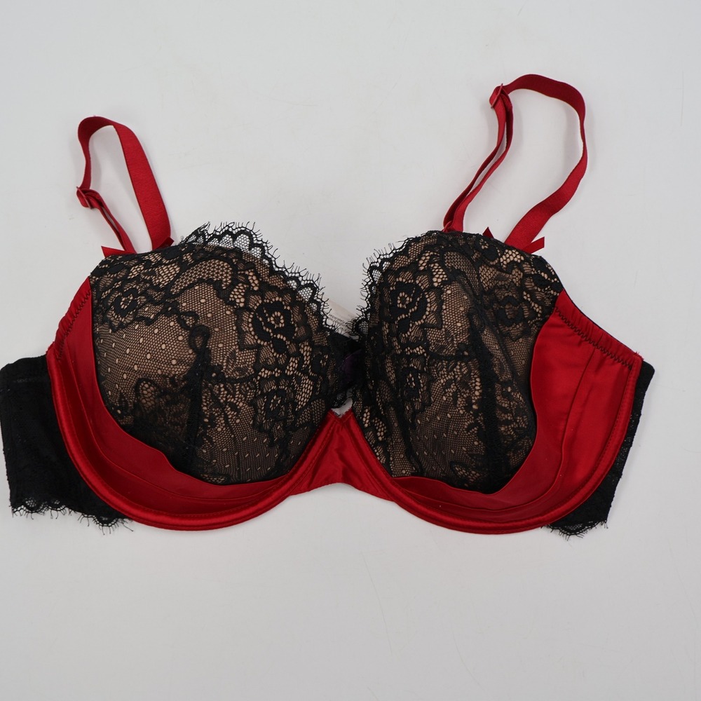 Adore Me Underwire Bra Womens 40D Red Black Floral Eyelash Lace Satin Trim